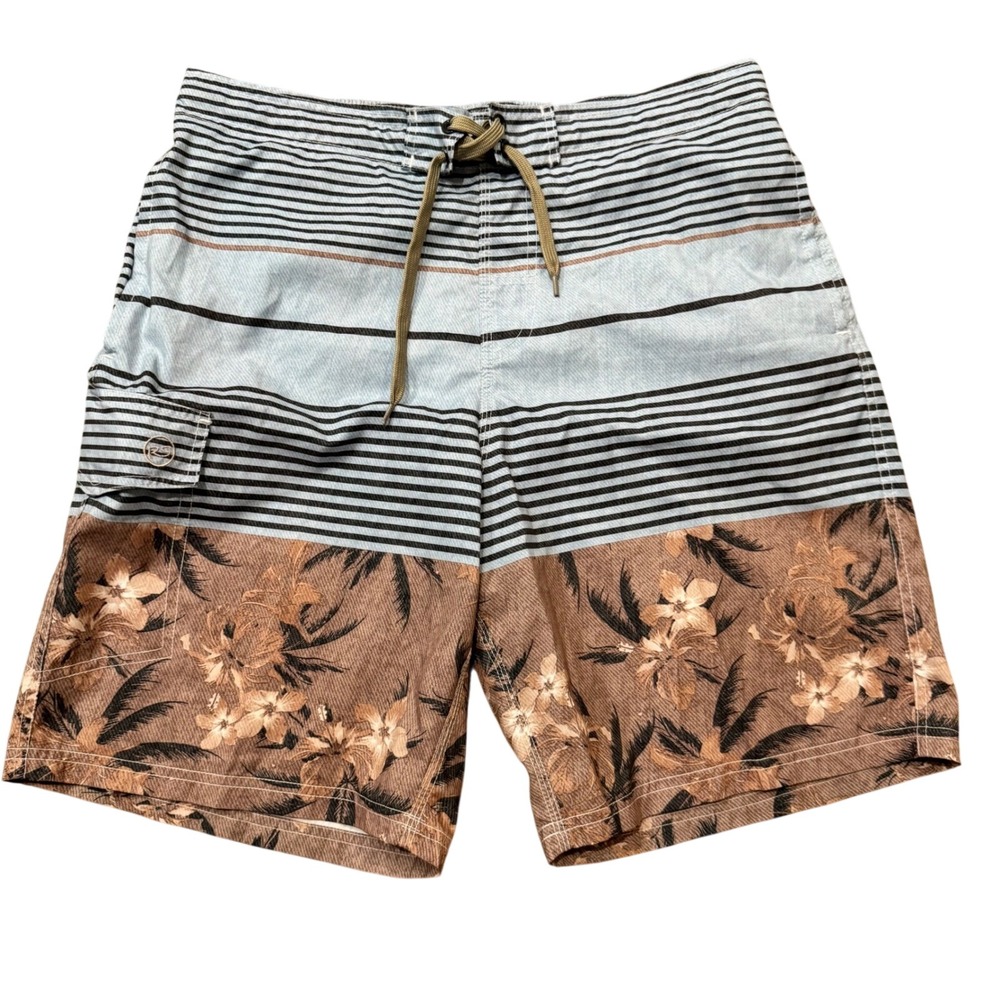 Men's Blue and Brown Floral Stripe Swim Trunks